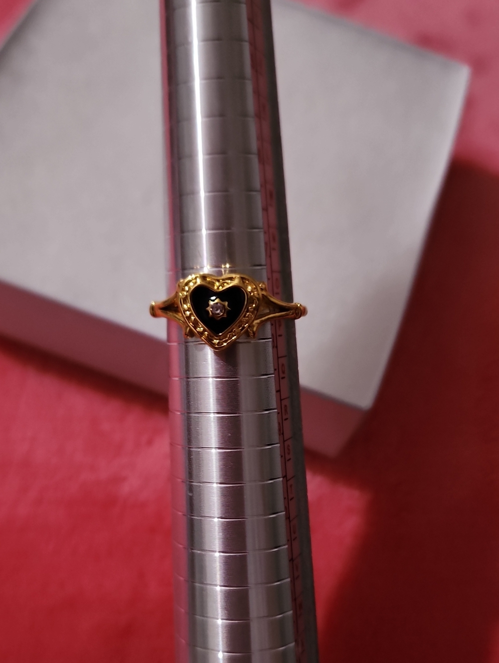 Gold Heart Ring with Black Enamel and Center Stone Size 7.75